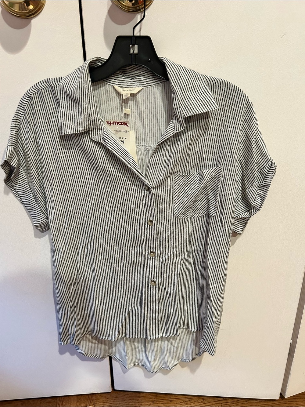 Sim & Sam Short Sleeve Button Front Top - Black & White Stripe